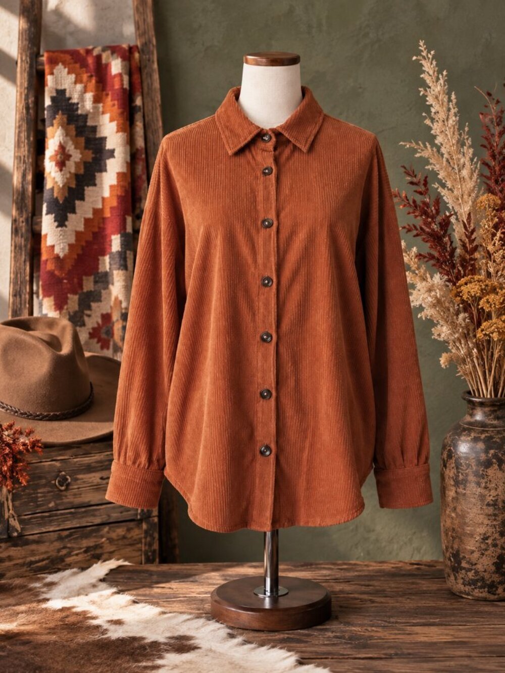 Corduroy Shacket Button Down Caramel Rust Western Boho Shirt Jacket Oversized L